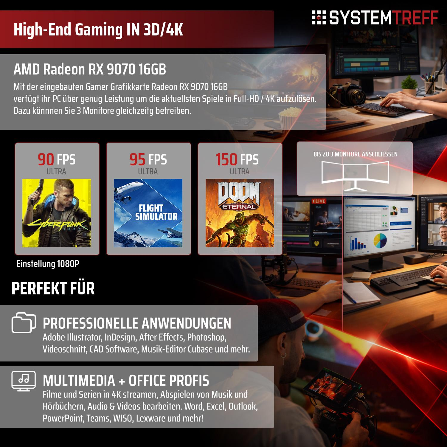 AMD Radeon RX 9070 Grafikkarte für Gaming, 3 Monitore, Profi-Anw., Multimedia.