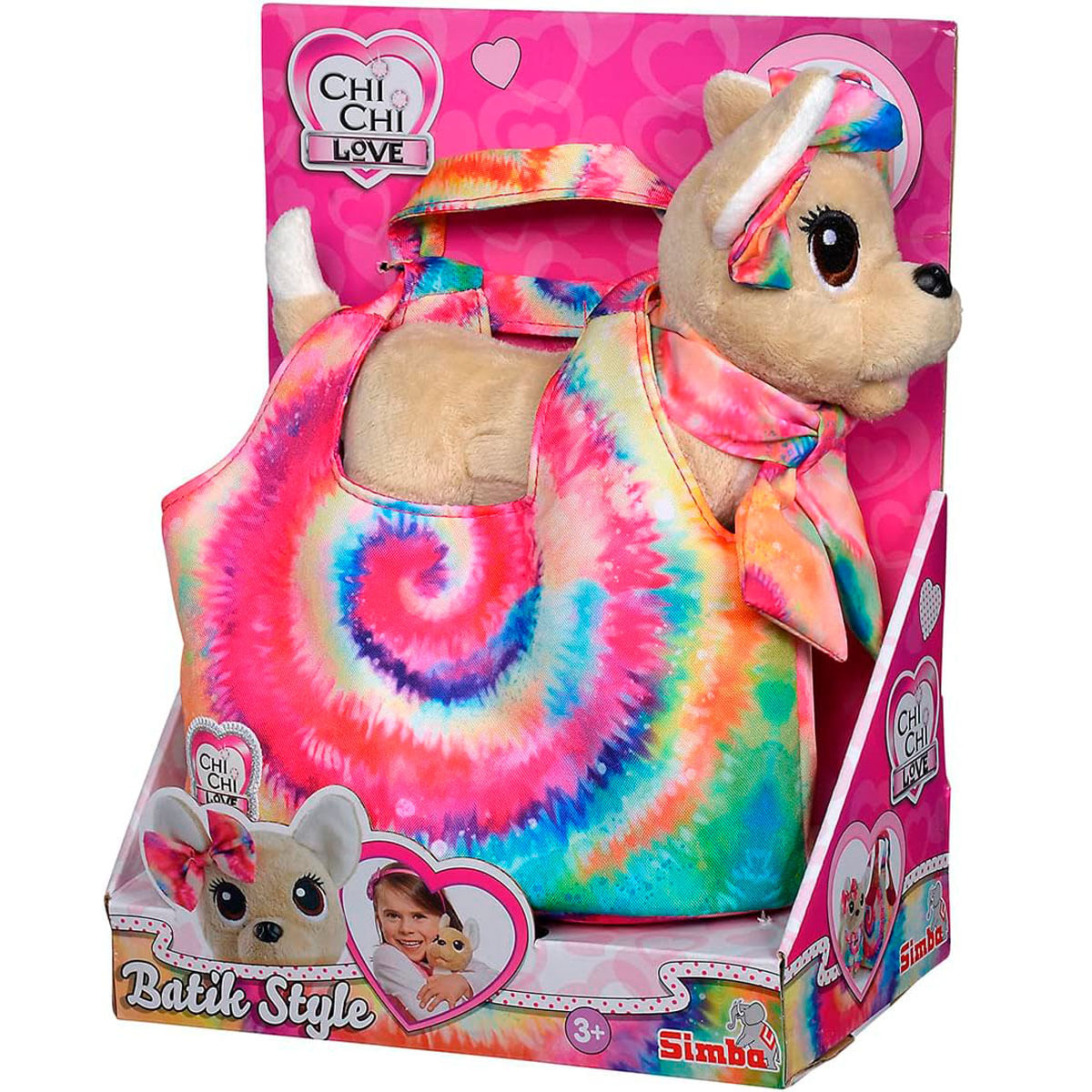 Pluszowy piesek siedzi w kolorowej torbie tie-dye z pasującym szalikiem i opaską.