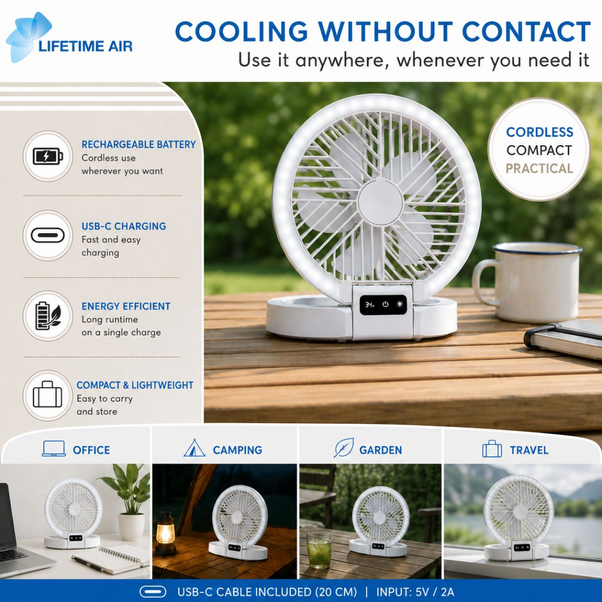 Witte draagbare ventilator met LED-ring op houten tafel. Kenmerken: oplaadbaar, USB-C, energiezuinig, compact.