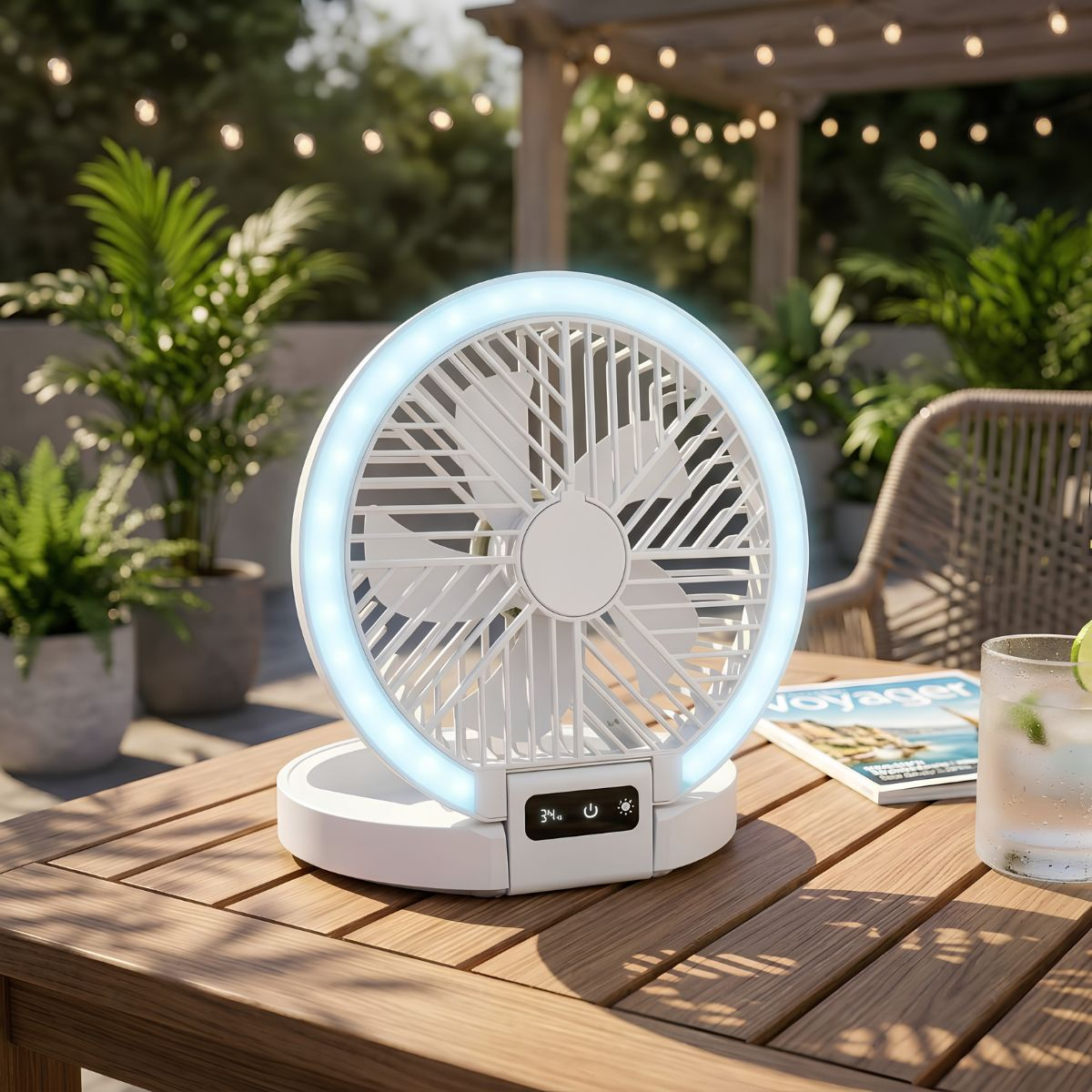 Een witte draagbare ventilator met blauwe LED-ring staat op een houten tafel buiten.