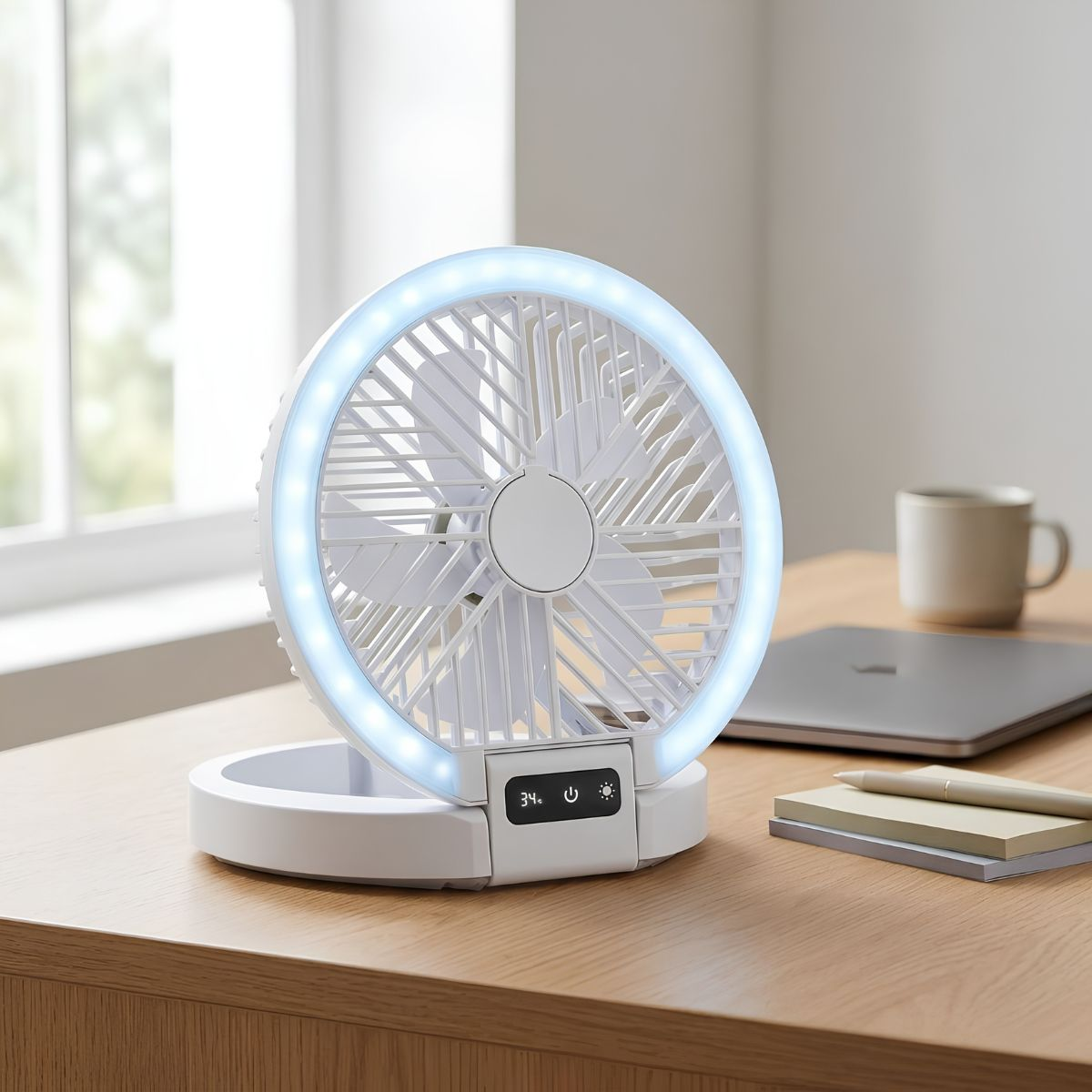 Een witte draagbare ventilator met een blauwe LED-ring staat op een houten bureau. Een laptop, mok en notitieblok zijn in de buurt.