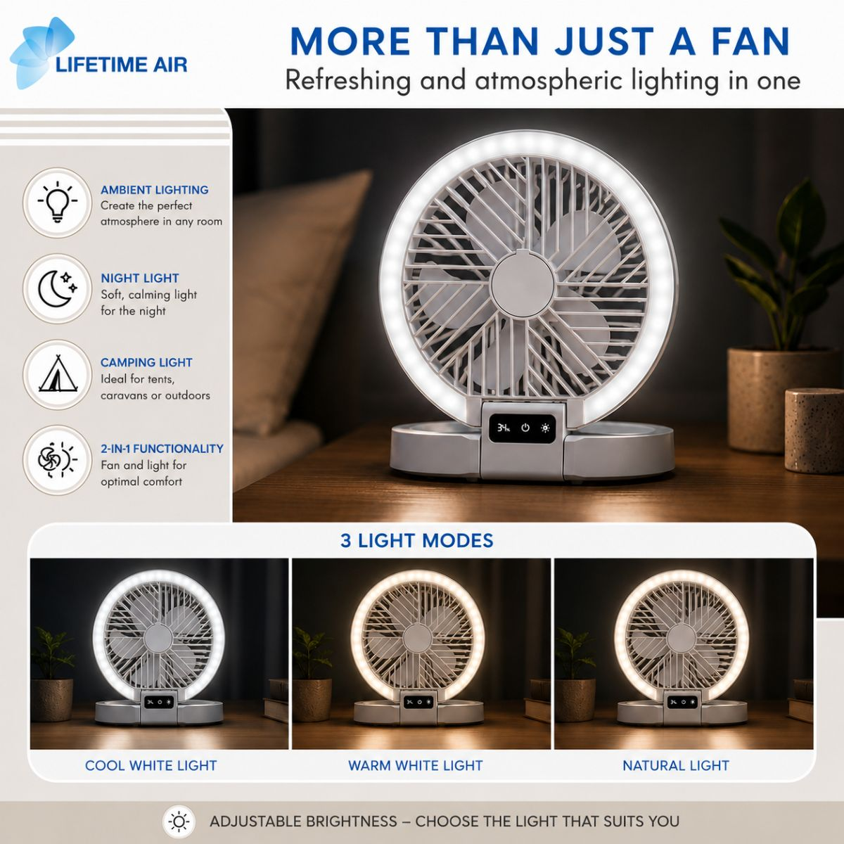 Een witte ventilator met LED-ringlicht staat op een nachtkastje.