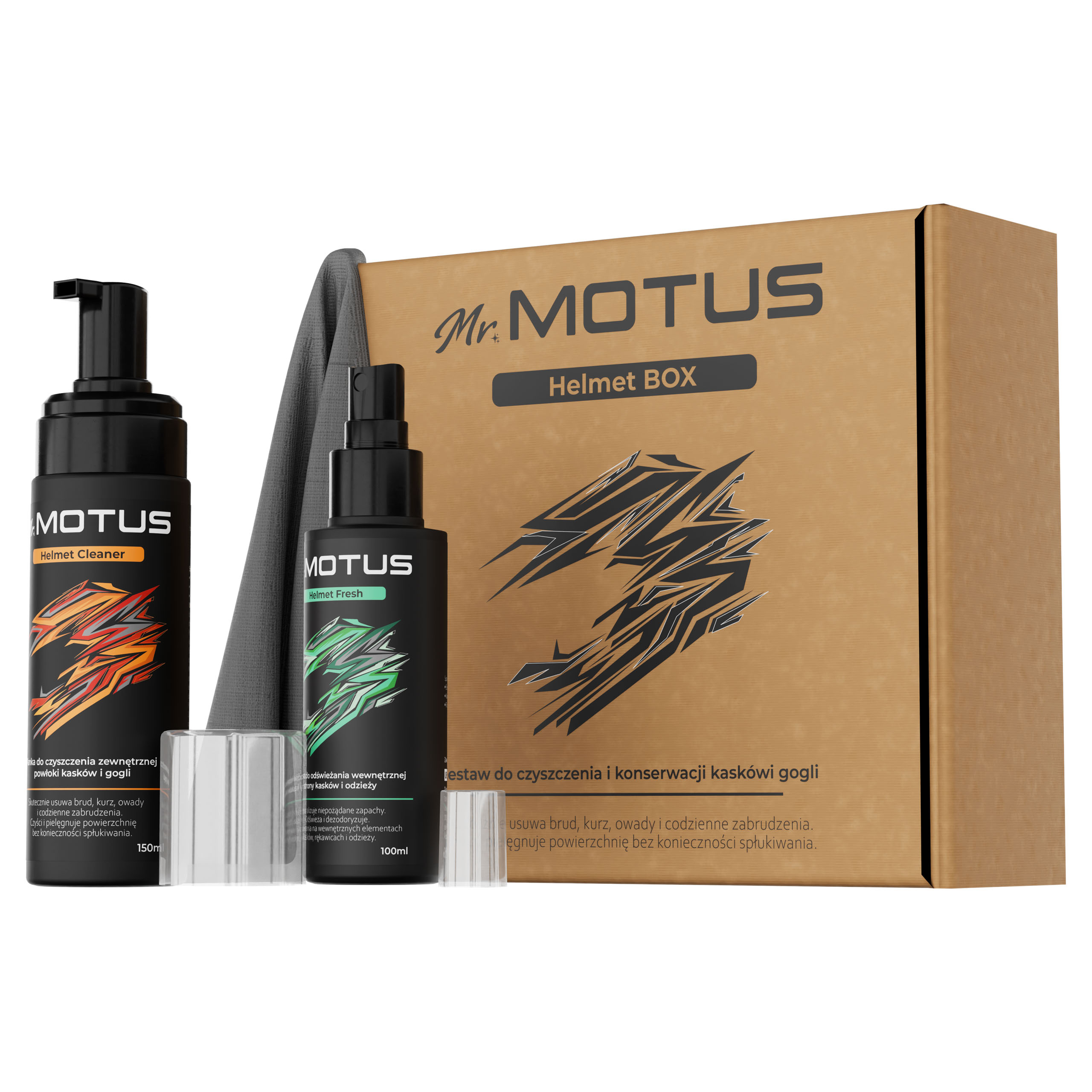 Una scatola di cartone contenente due flaconi spray e un panno per caschi.