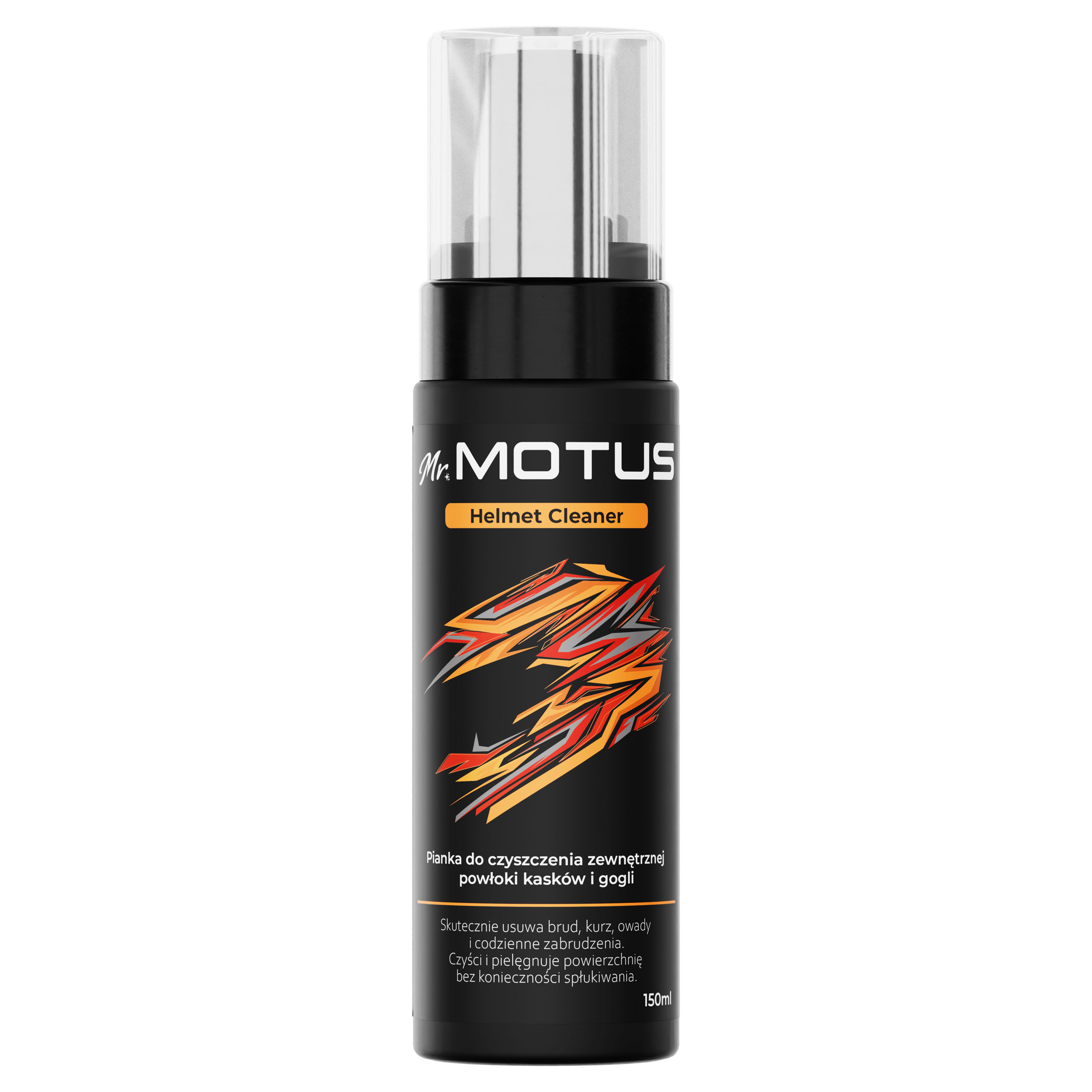 Una bottiglia spray nera con tappo a pompa argentato e grafica a fiamme.