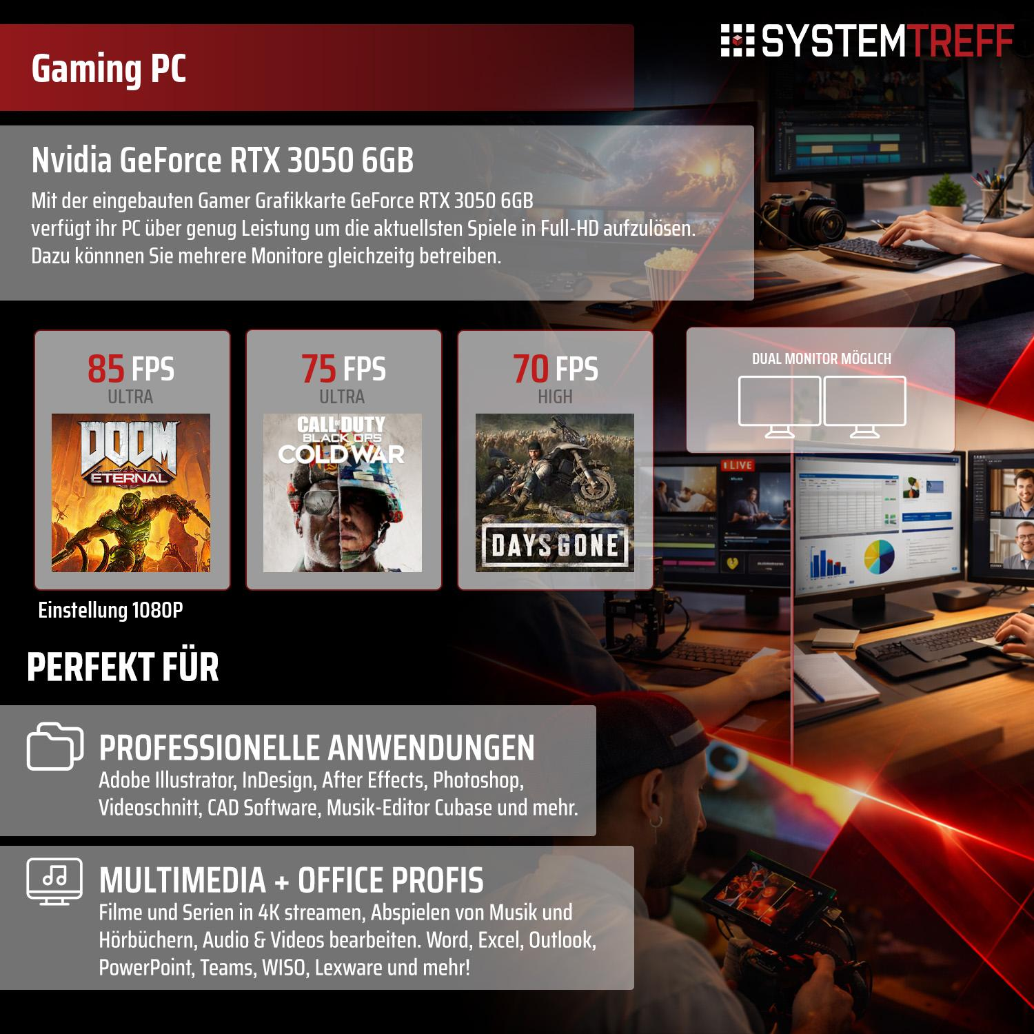 Gaming PC mit RTX 3050: 85 FPS Doom, 75 FPS Cold War, 70 FPS Days Gone. Profi- & Office-Anwendungen.