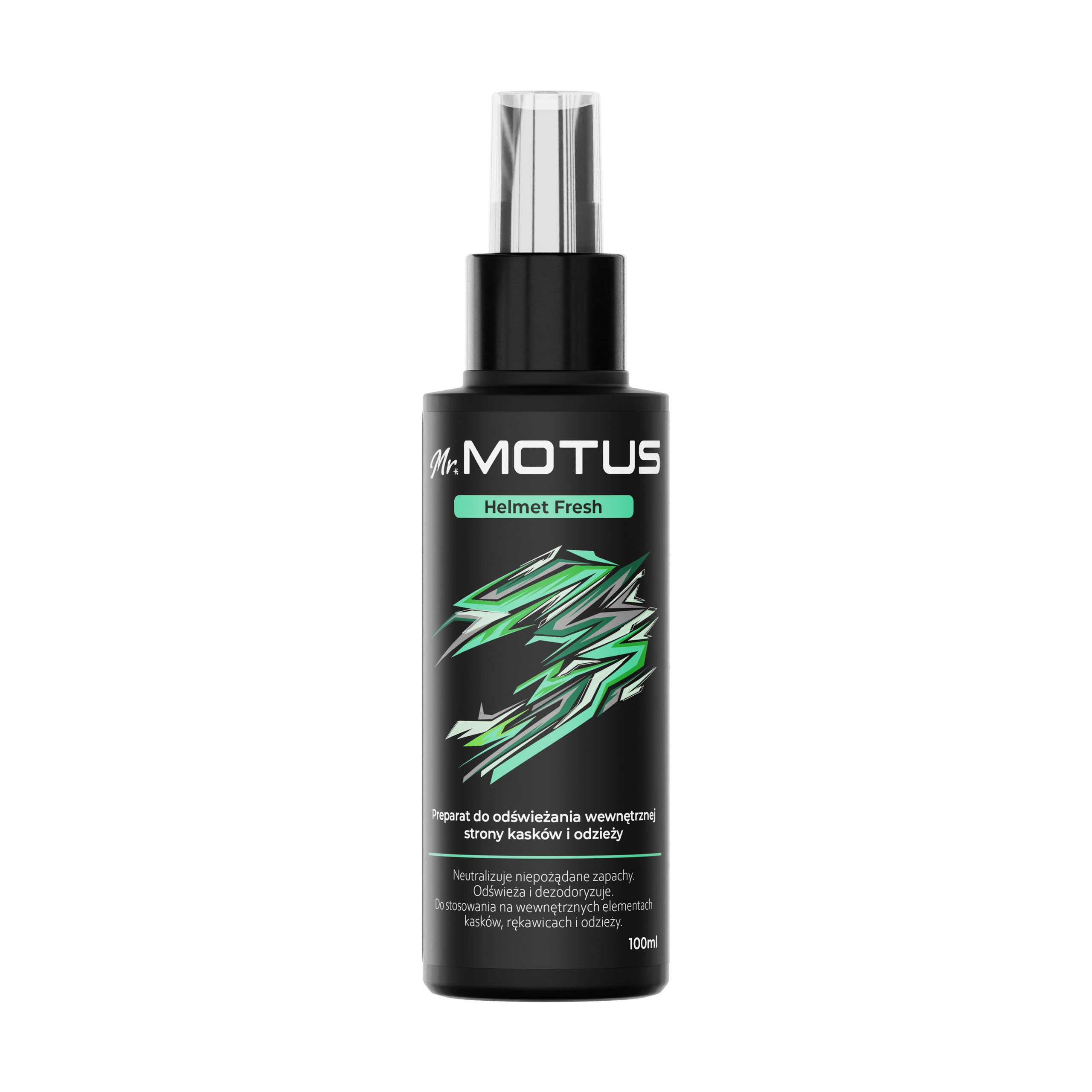 Flacone spray nero con logo verde per Helmet Fresh, 100 ml.