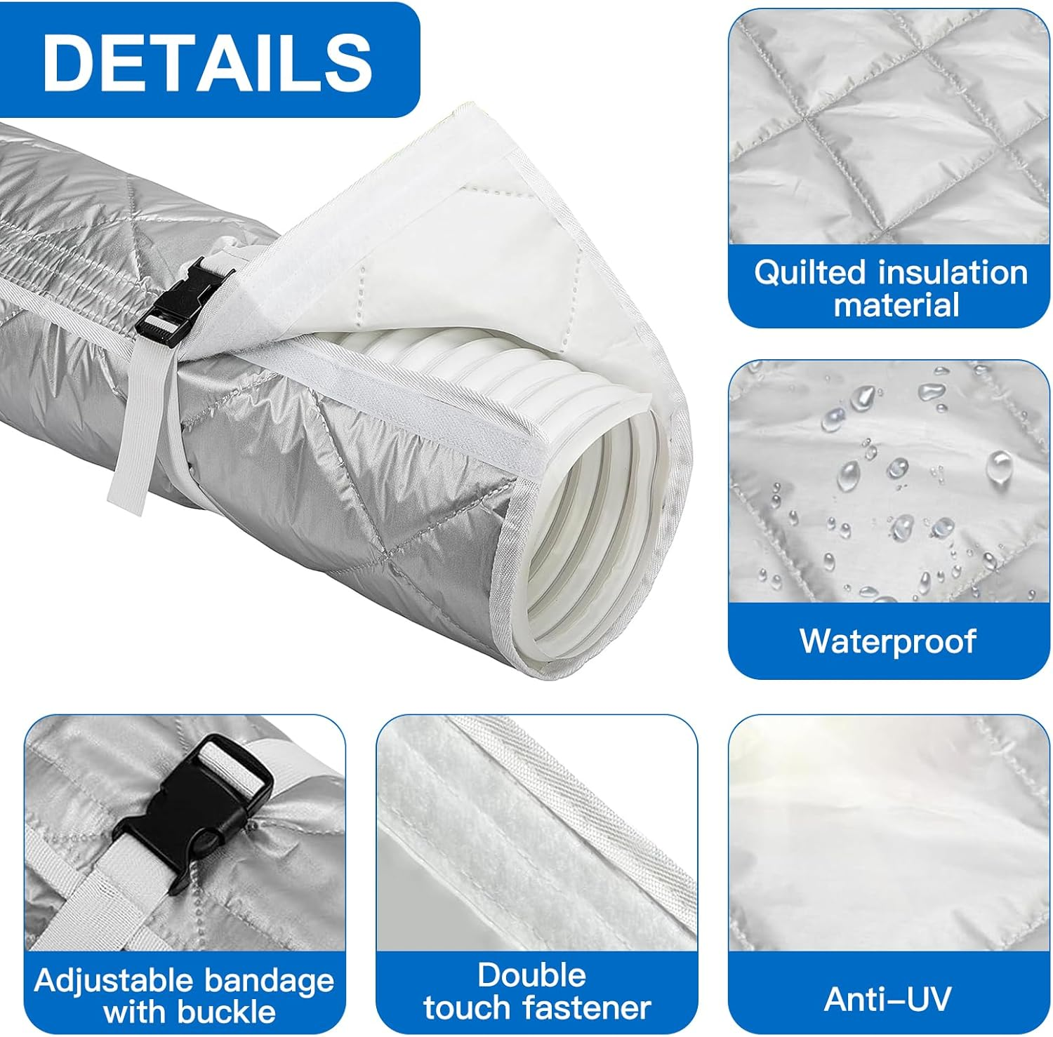 Silberne Abdeckung Details: gesteppt, wasserdicht, UV-Schutz, verstellbare Schnalle, Klettverschluss.