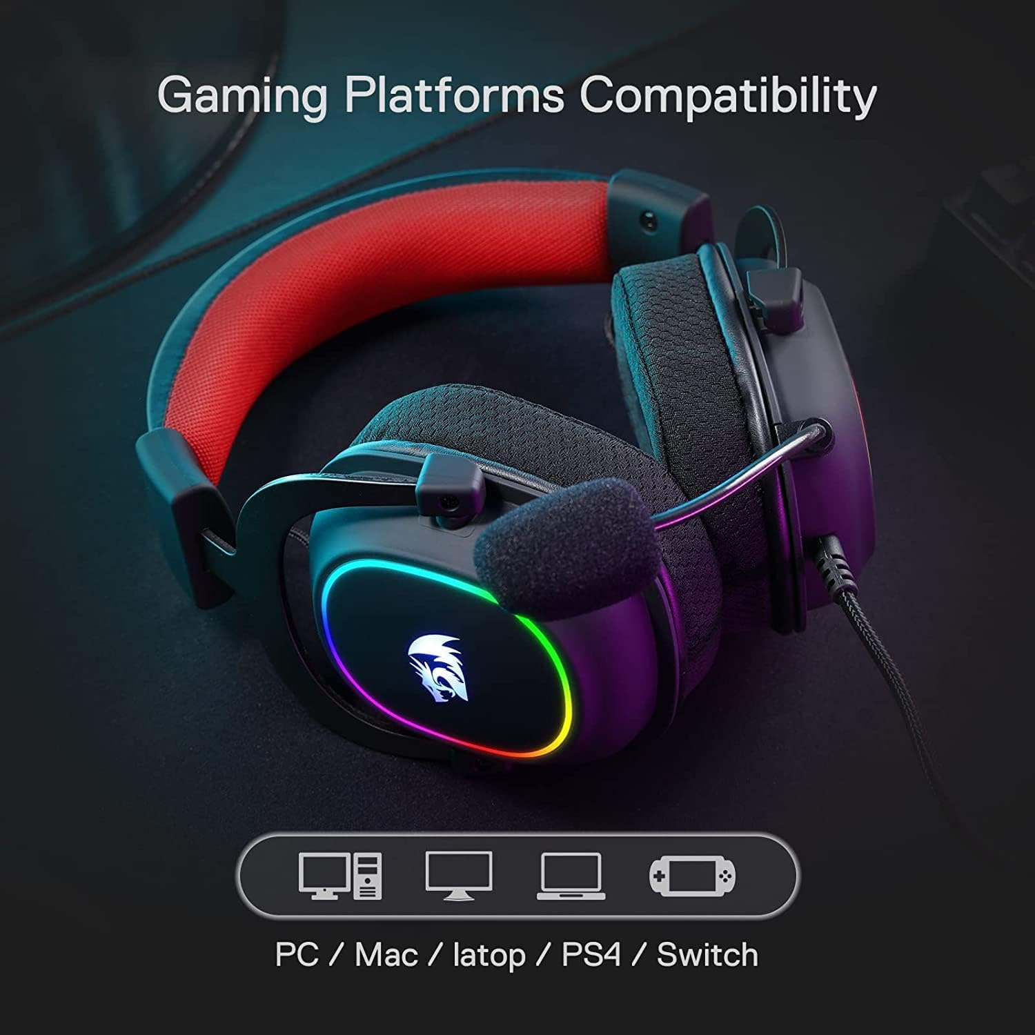Auriculares gaming con acentos rojos e iluminación RGB, compatibles con PC, Mac, portátil, PS4 y Switch.
