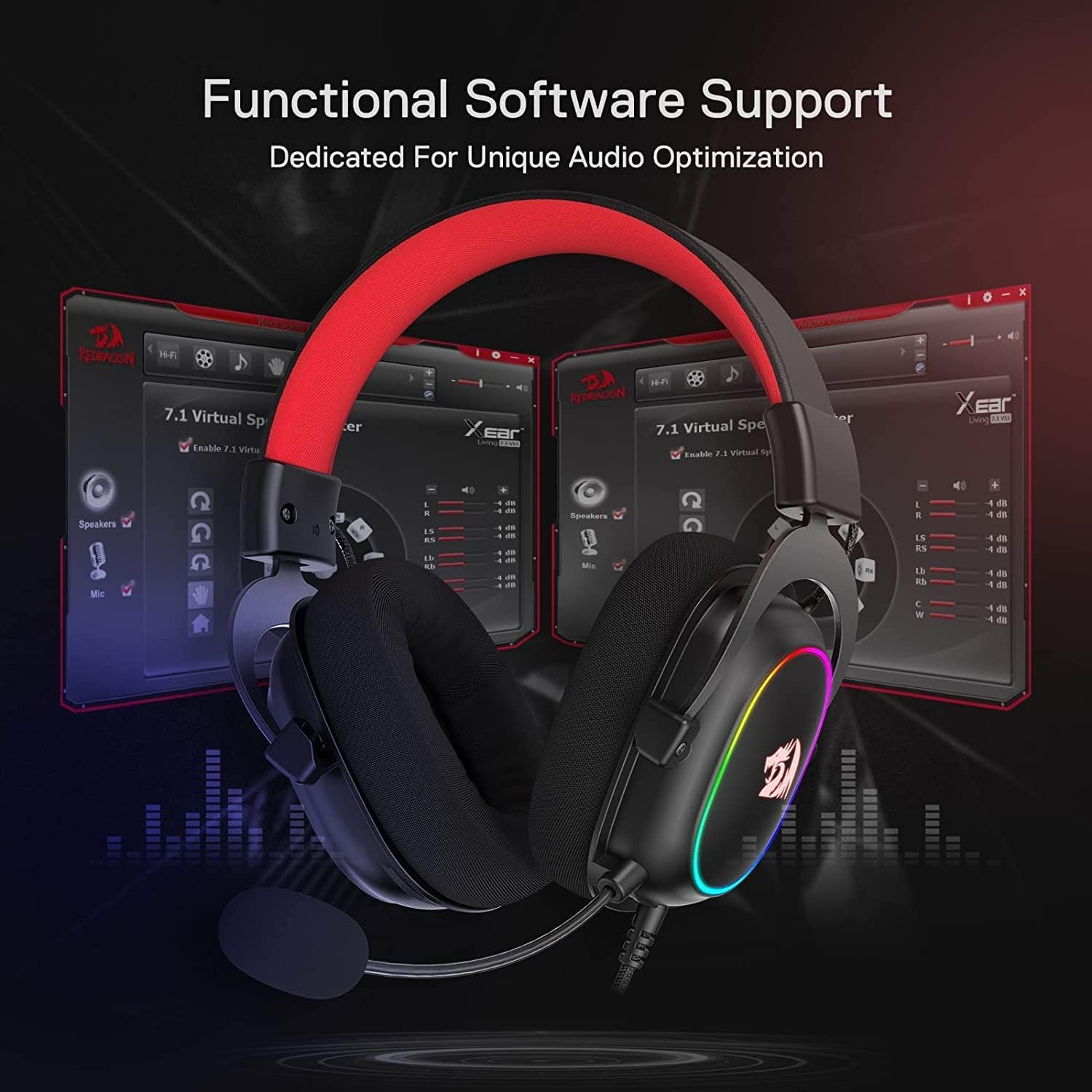 Auriculares negros con diadema roja e iluminación RGB, mostrando interfaz de software.