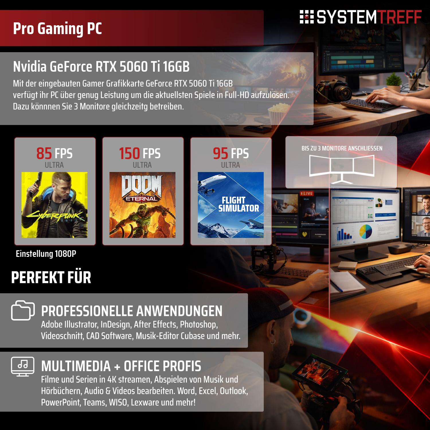 Gaming PC mit Nvidia RTX 5060 Ti, 16GB VRAM. FPS-Angaben für Spiele.