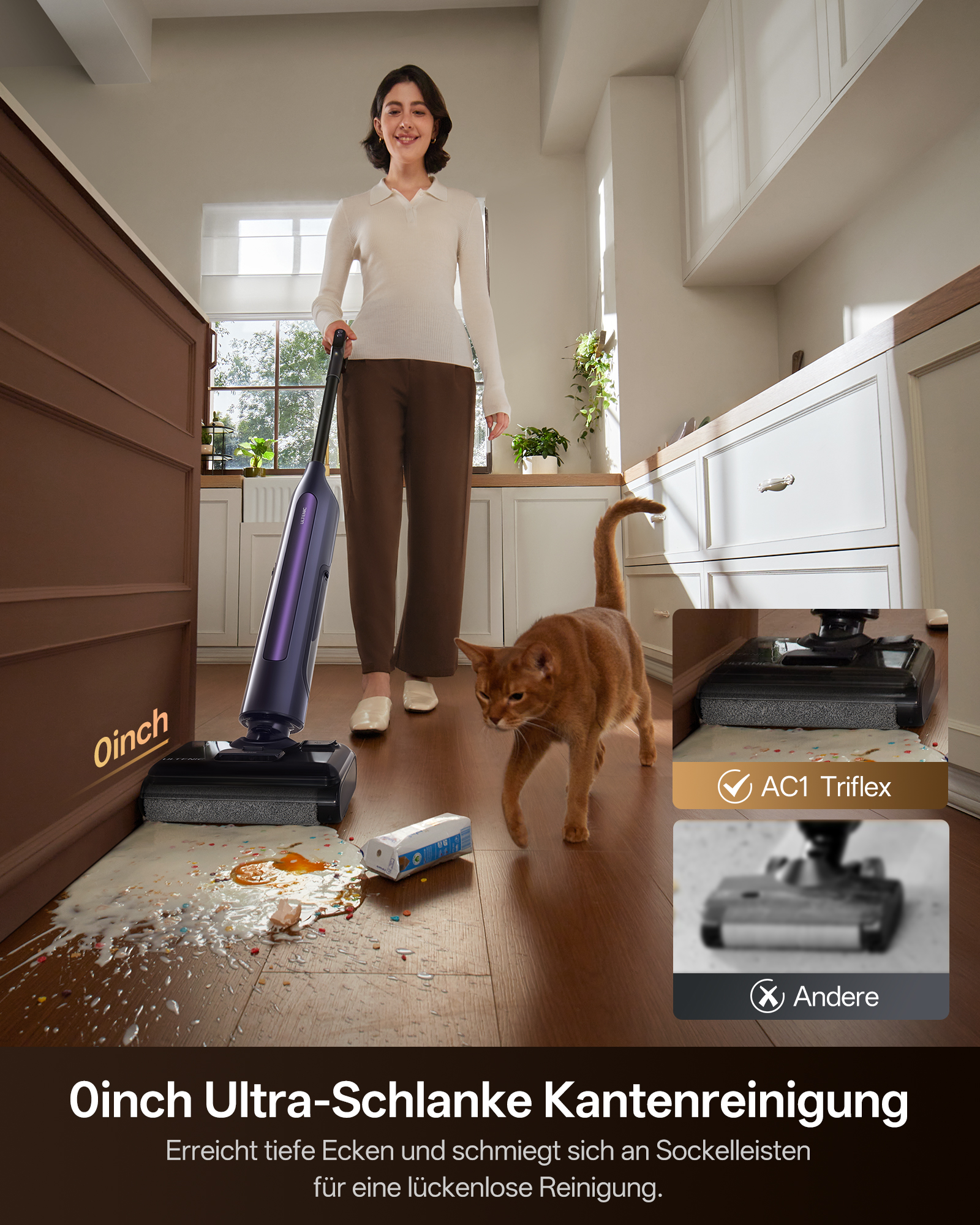 Eine Frau reinigt mit einem lila Staubsauger einen verschütteten Fleck auf dem Boden, eine Katze steht daneben.