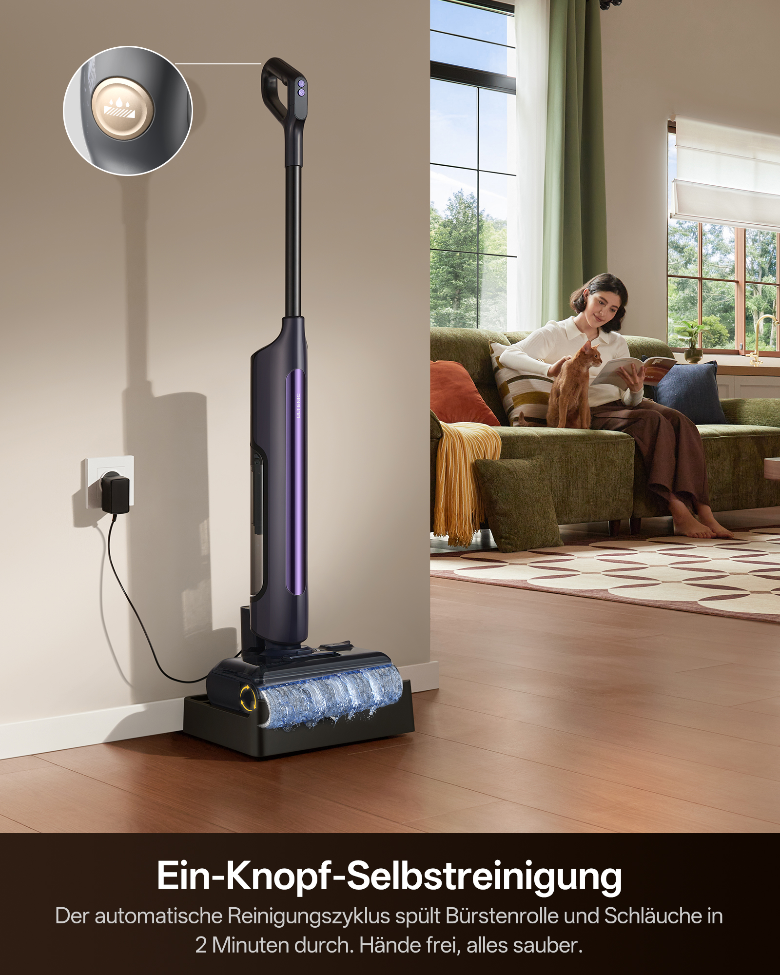 Bodenreiniger im Wohnzimmer, Selbst-Reinigungsfunktion mit Wasser.