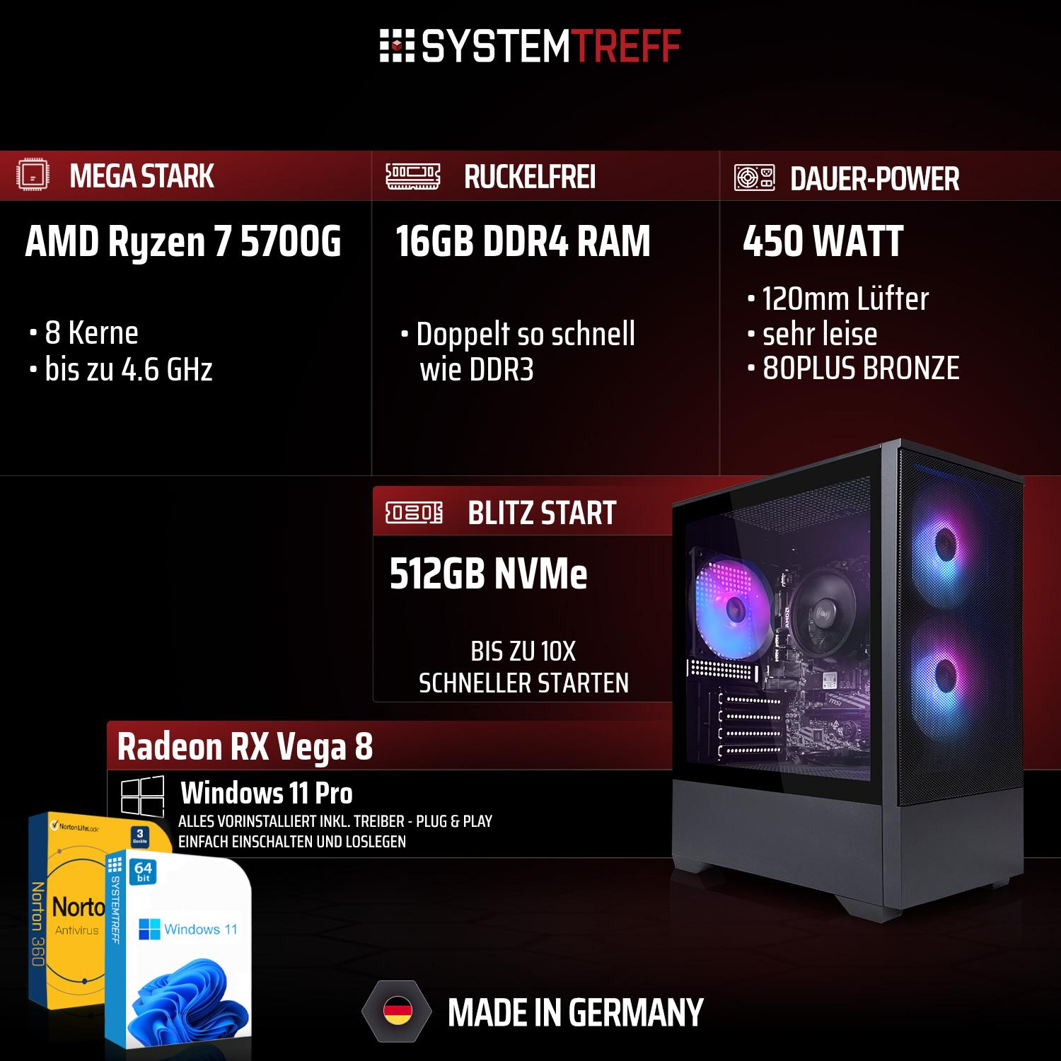 Ein Gaming-PC mit AMD Ryzen 7, 16GB RAM, 512GB NVMe, Radeon RX Vega 8, Windows 11 Pro.