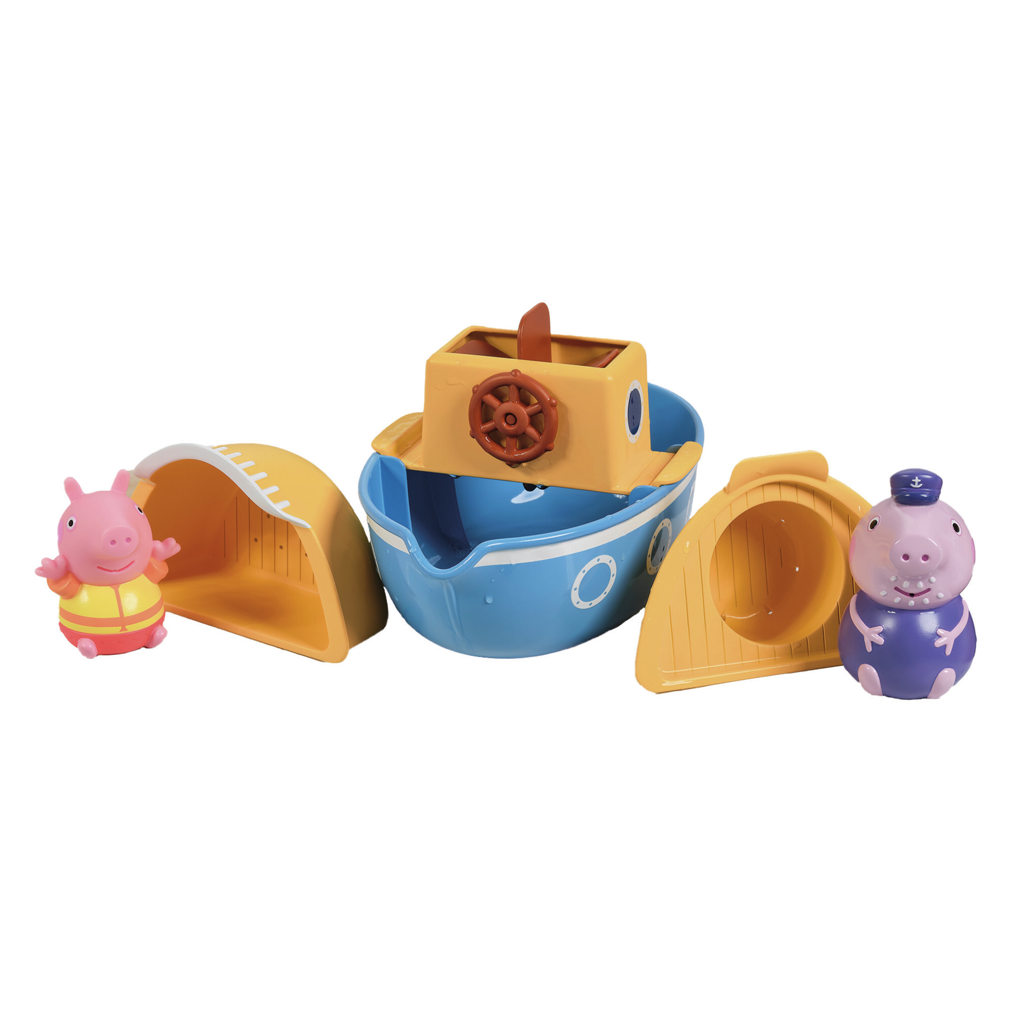 Zwei Schweinefiguren neben einem blauen Bootspielzeug mit gelben Anbauten.