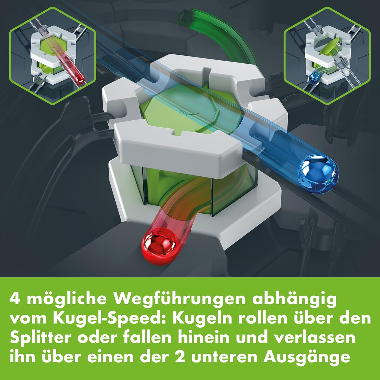 Ein Spielzeug-Bahn-System mit roten und blauen Kugeln, die durch Röhren rollen.
