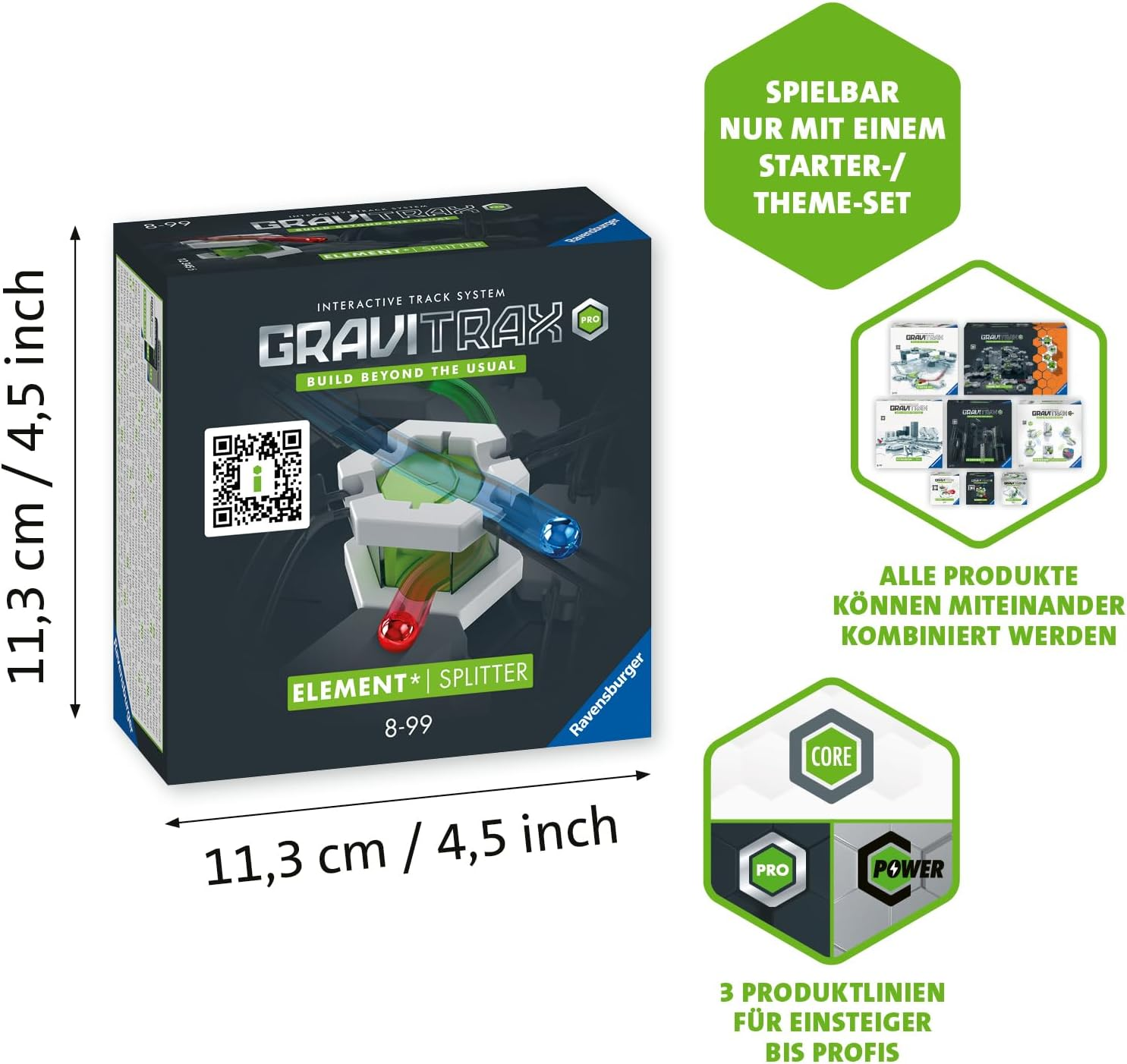 Gravitrax Element Spliter Verpackung mit Maßangaben und Produktinformationen.