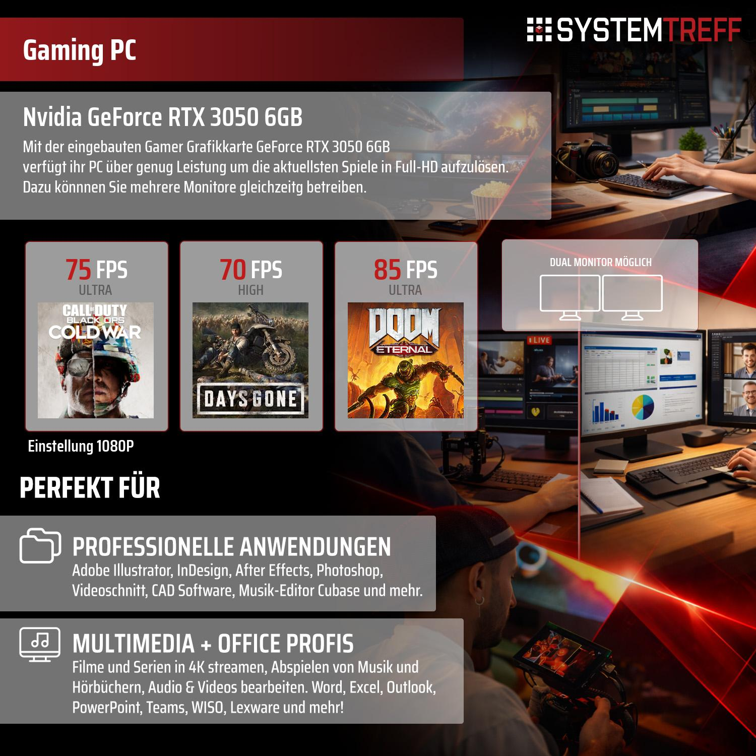 Gaming PC mit RTX 3050: 75-85 FPS bei 1080p. Ideal für Spiele, Profi-Anwendungen & Multimedia.