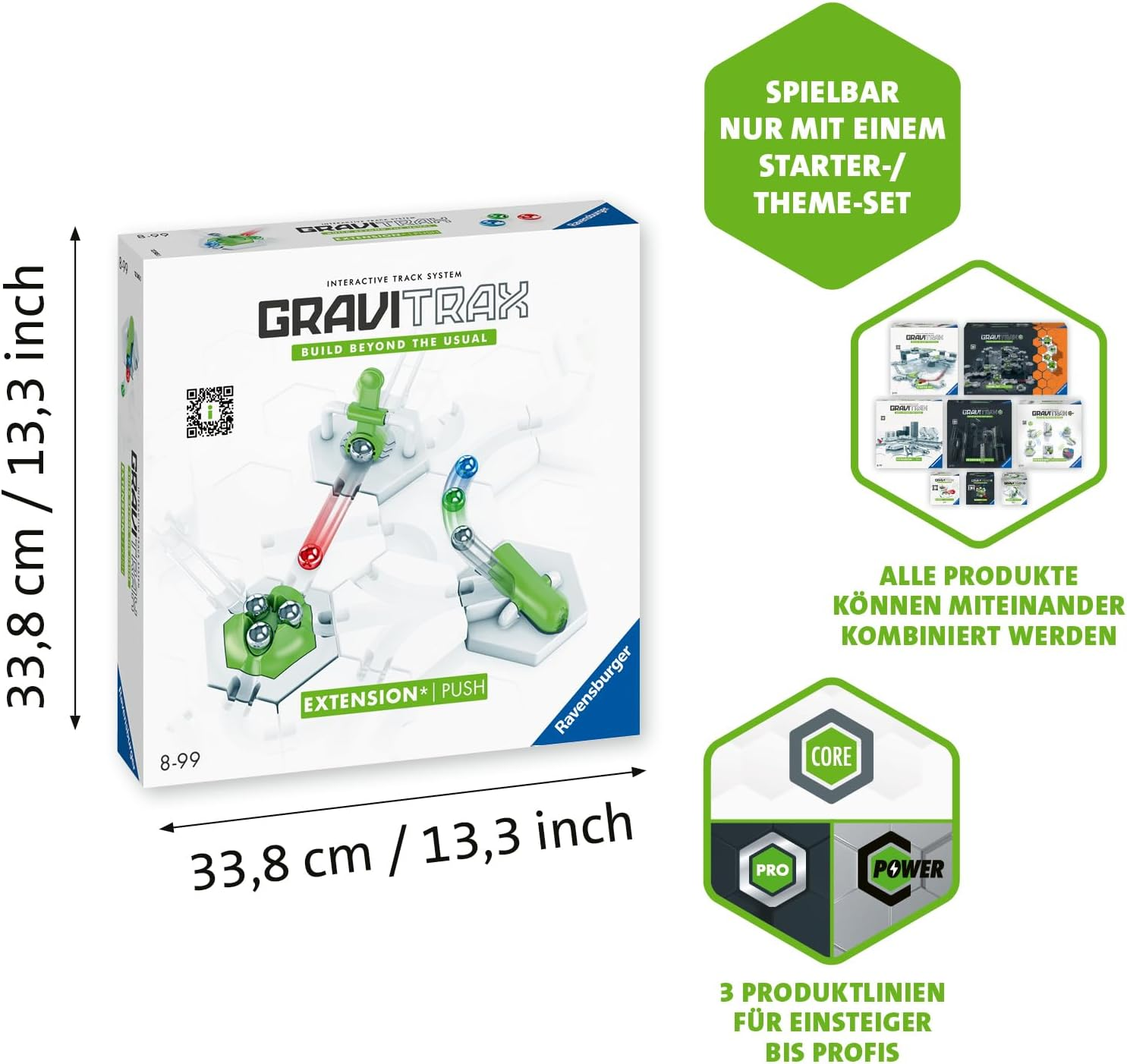Gravitrax-Erweiterungsset-Verpackung mit Maßen 33,8 cm und Produktinformationen.