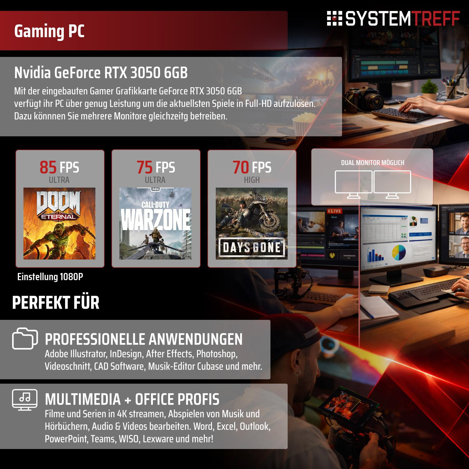 Gaming-PC mit Nvidia GeForce RTX 3050 6GB Grafikkarte. Unterstützt 85, 75, 70 FPS Gaming.