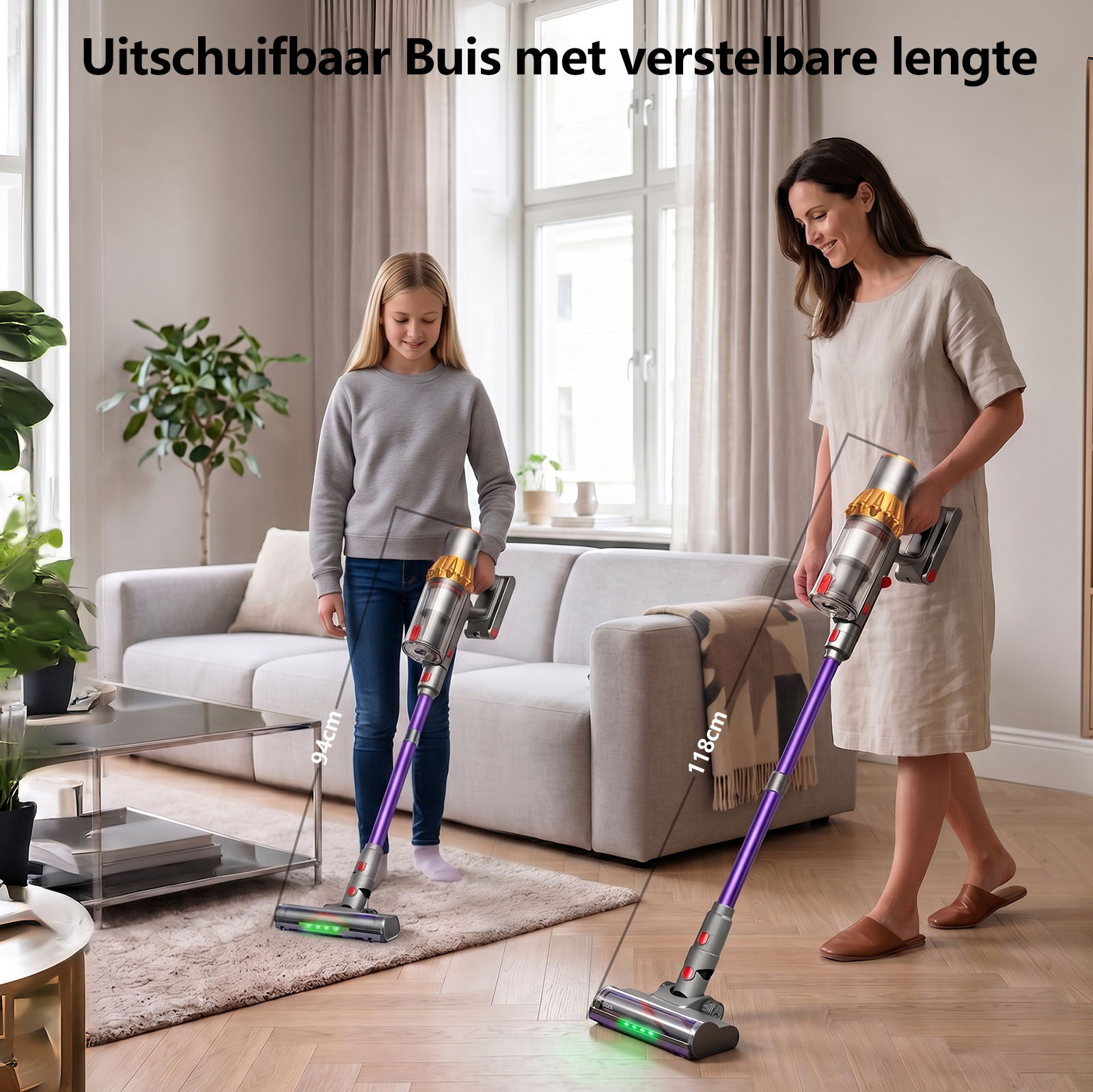 Ein Mädchen und eine Frau stehen mit Staubsaugern in einem Wohnzimmer.