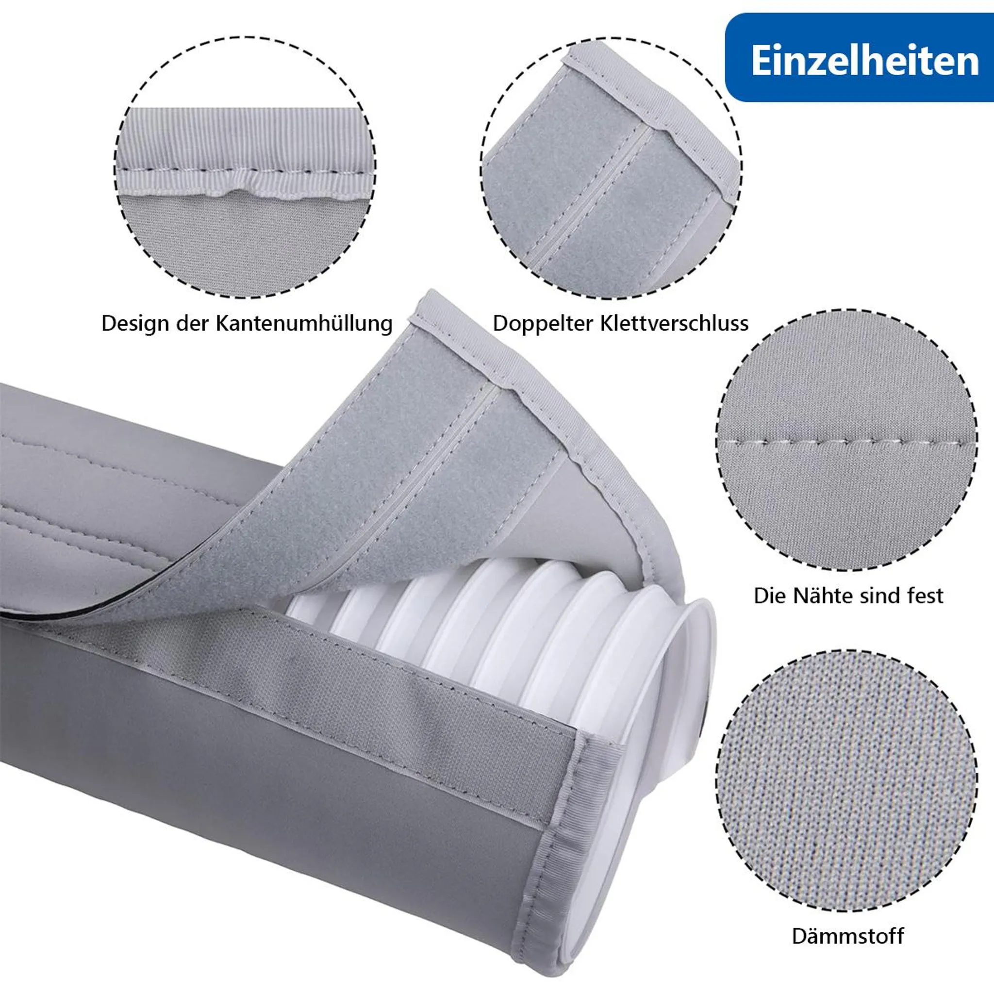 Grauer Schlauch mit weißen Falten, Klettverschluss und Nähten.