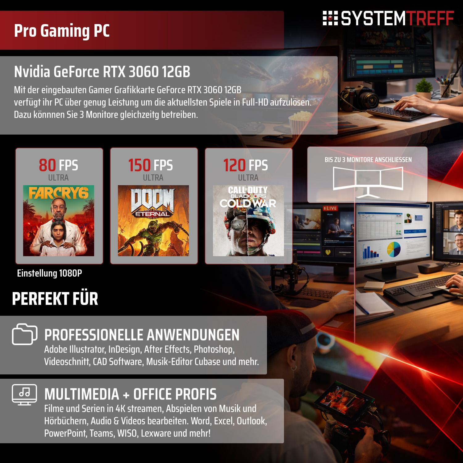 Gaming PC mit RTX 3060, Spiele-Screens, professionelle Anwendungen & Multimedia.
