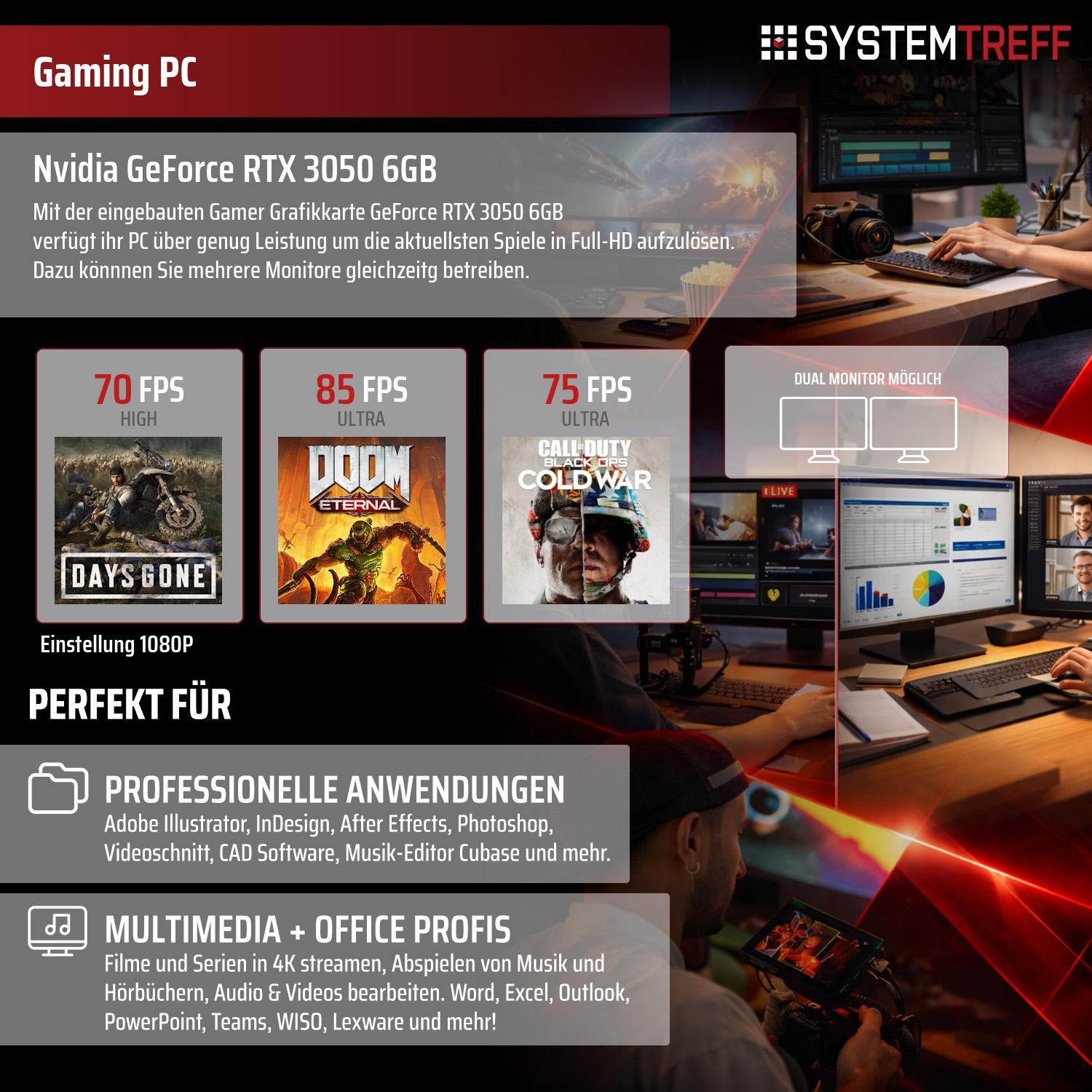 Gaming-PC mit Nvidia GeForce RTX 3050 6GB, 3 Spiel-FPS-Statistiken und Anwendungssymbolen.