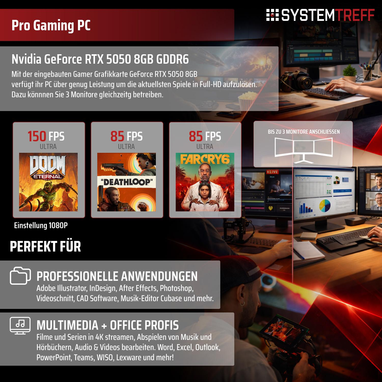 Gaming PC mit Nvidia RTX 5050, 3 Monitore, Spiele & Profi-Anwendungen.