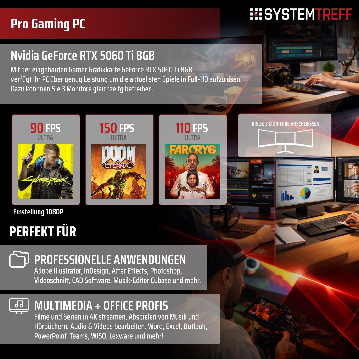 Gaming PC mit Nvidia RTX 5060 Ti für 3 Monitore. Spiele und Profi-Anwendungen.