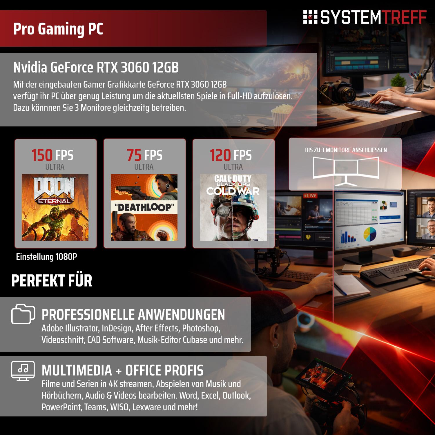 Gaming PC mit RTX 3060 12GB für 1080p, unterstützt 3 Monitore. Ideal für Spiele & Profi-Anwendungen.