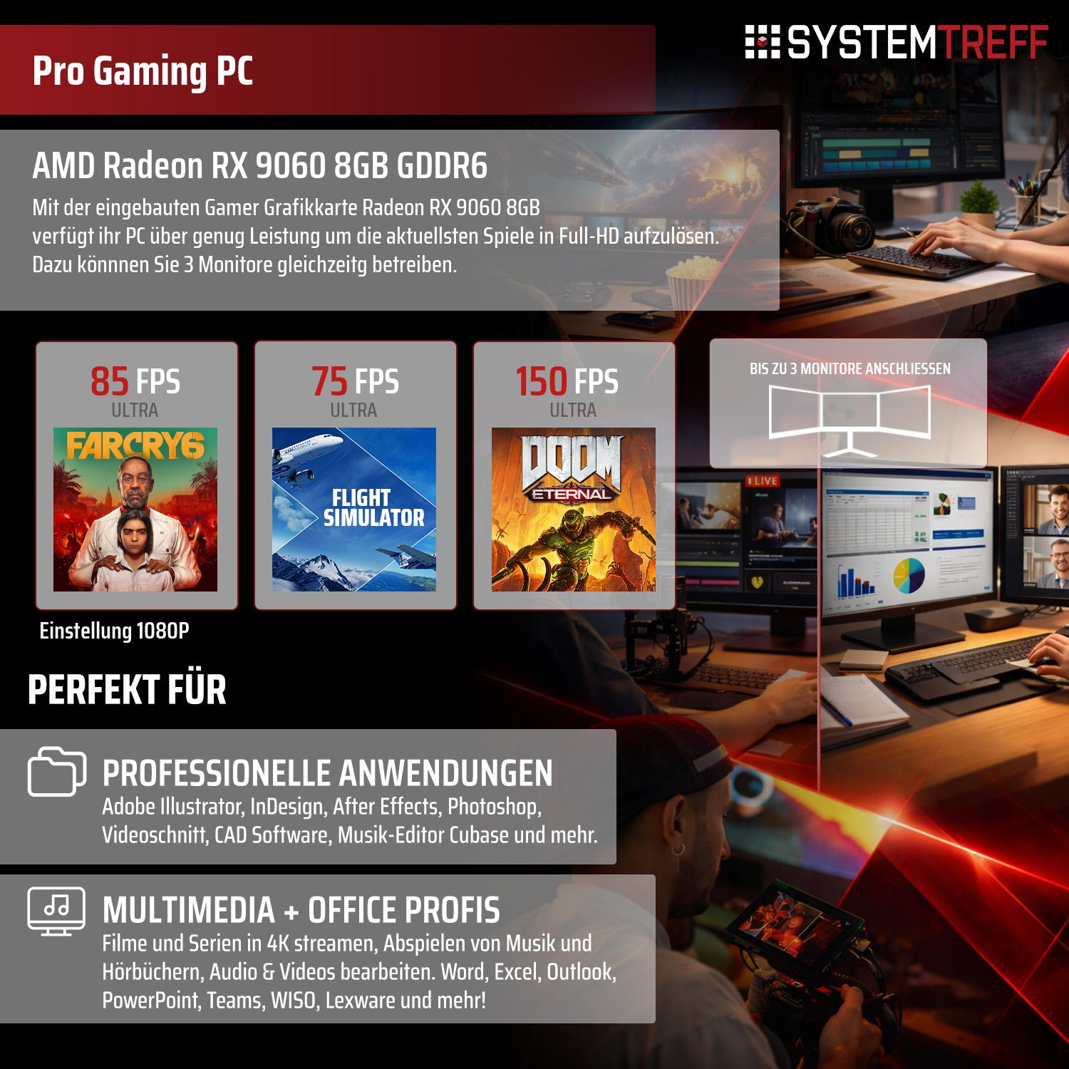 Gaming PC mit AMD Radeon RX 9060, 3 Monitore, Spiele & Profi-Anwendungen.