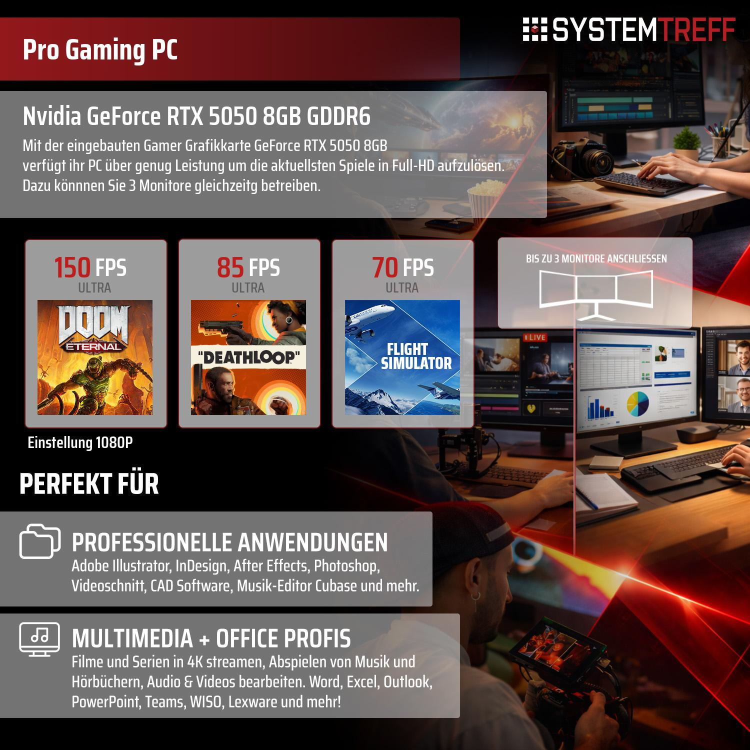 Gaming PC mit Nvidia RTX 5050, 8GB GDDR6, 3 Monitore, Spiele & Profi-Anwendungen.