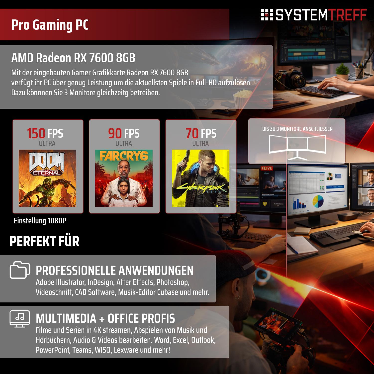 Pro Gaming PC mit AMD Radeon RX 7600 8GB Grafikkarte, perfekt für Spiele und professionelle Anwendungen.