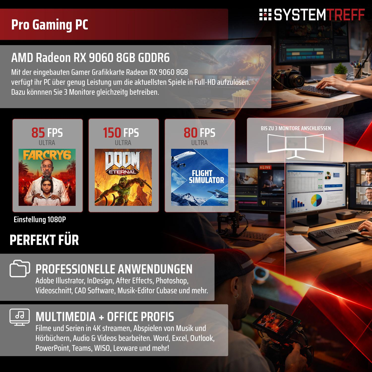 Pro Gaming PC mit AMD Radeon RX 9060 Grafikkarte für 3 Monitore.