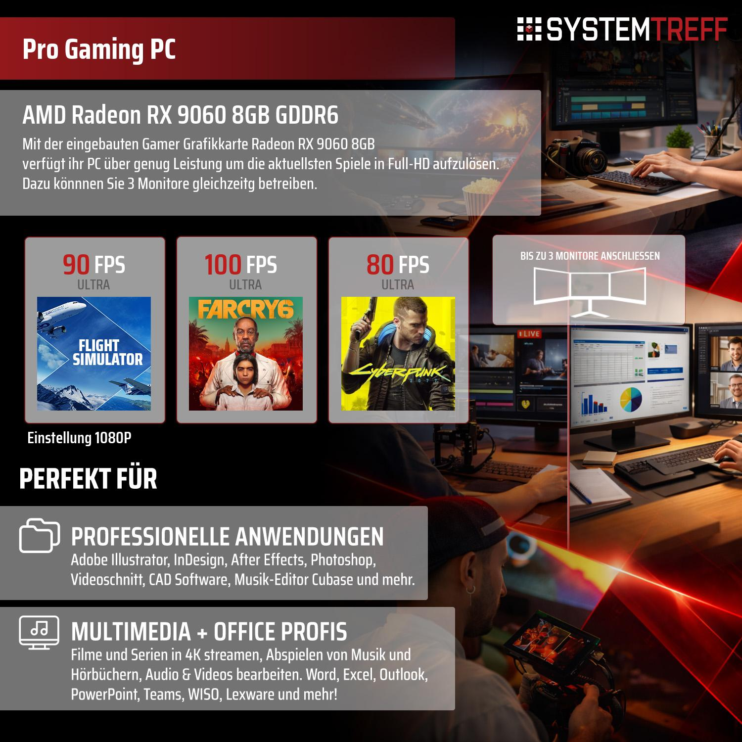 Gaming PC mit AMD Radeon RX 9060: 90/100/80 FPS für Spiele. Anschl. bis 3 Monitore.