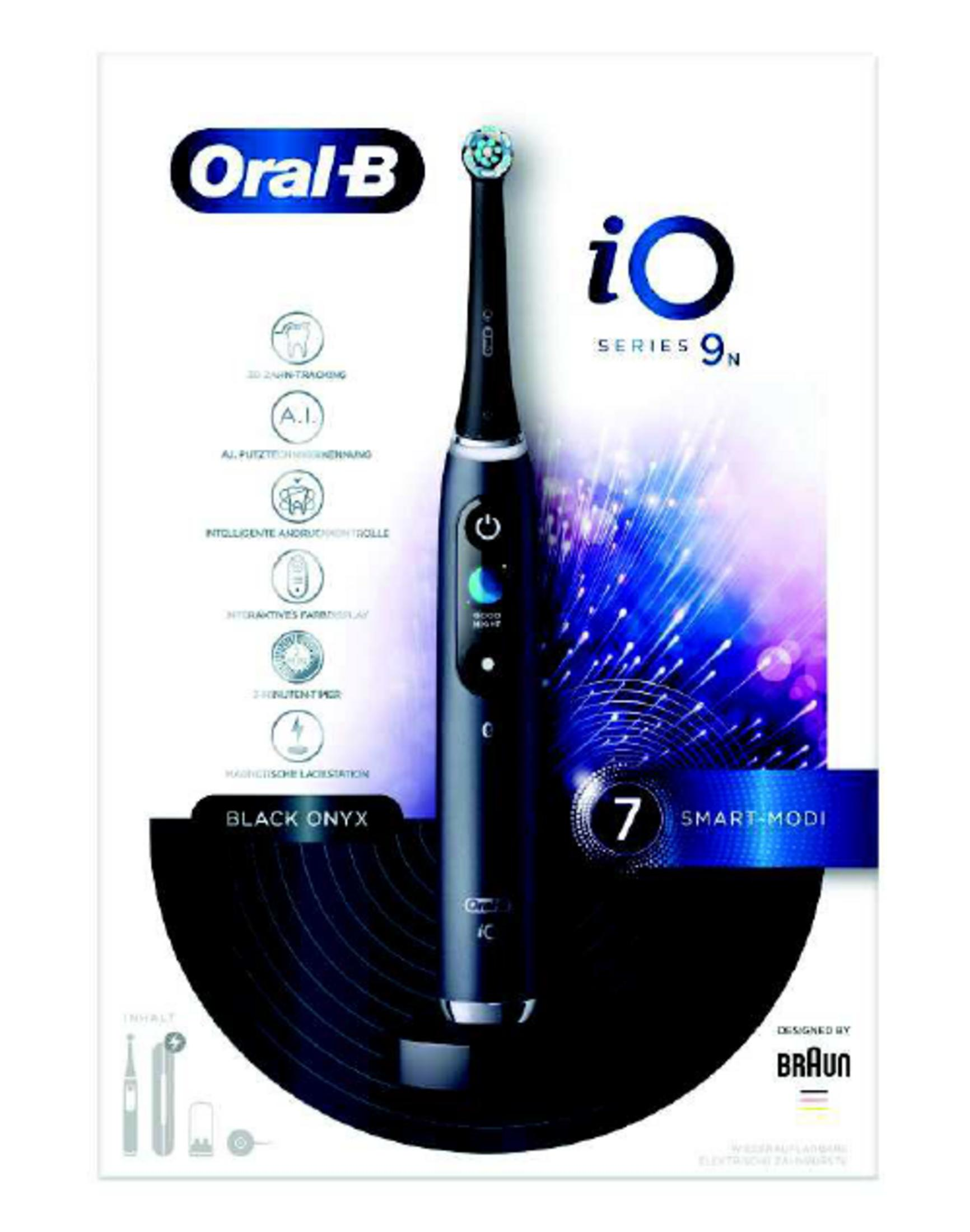 Schwarze Oral-B iO Series 9N Zahnbürste mit Ladestation und Features.