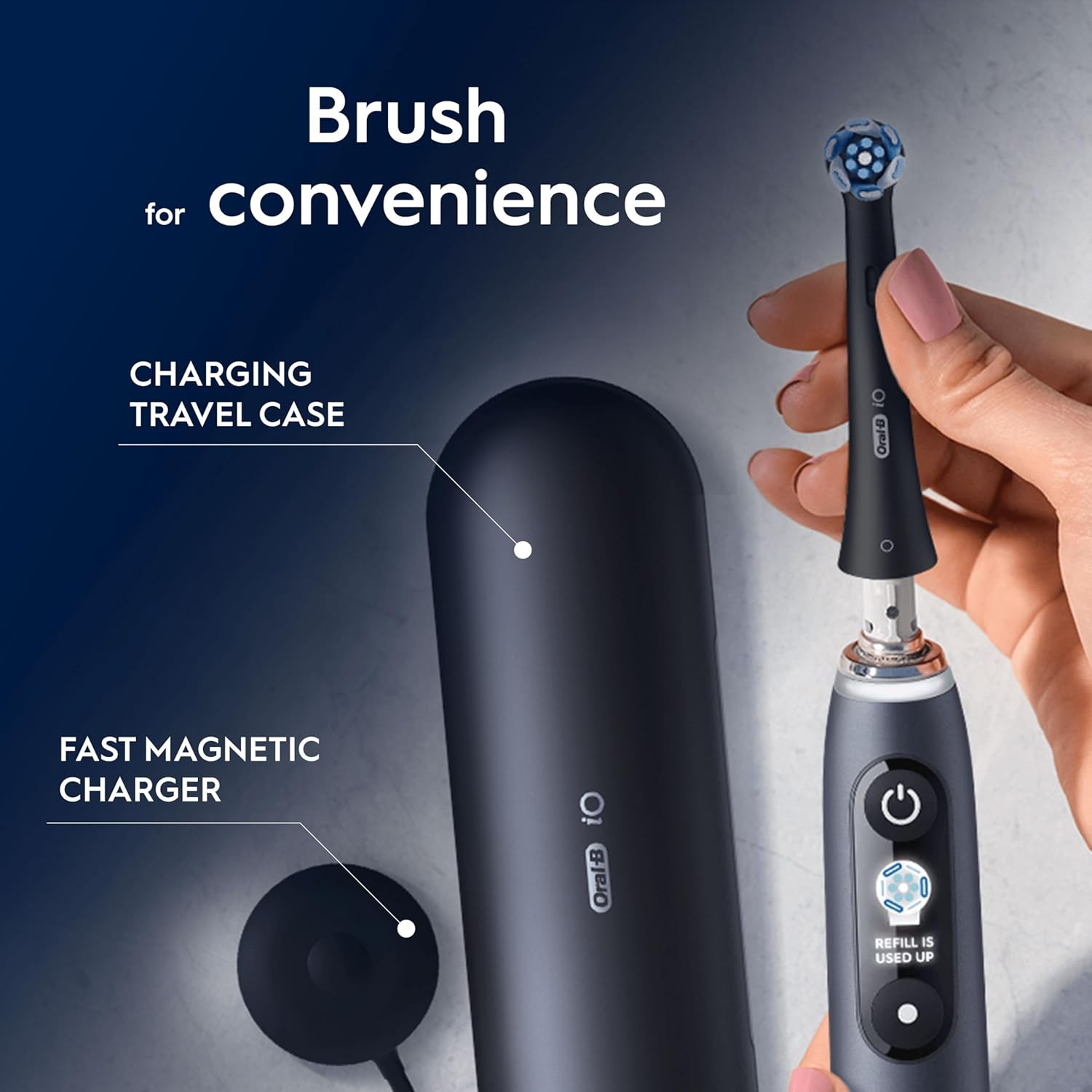 Graue Oral-B iO Zahnbürste mit Ladeetui und Ladegerät.