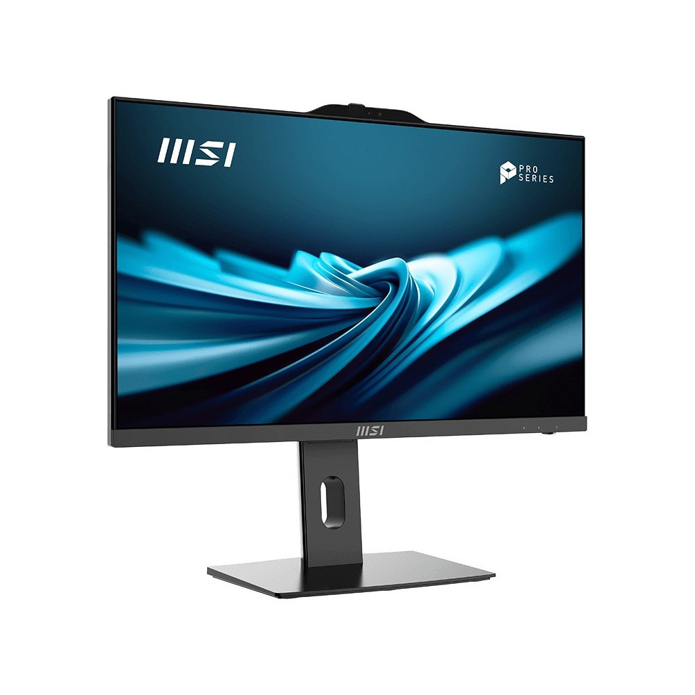 Czarny monitor MSI na białym tle, wyświetlający niebieską abstrakcyjną tapetę.