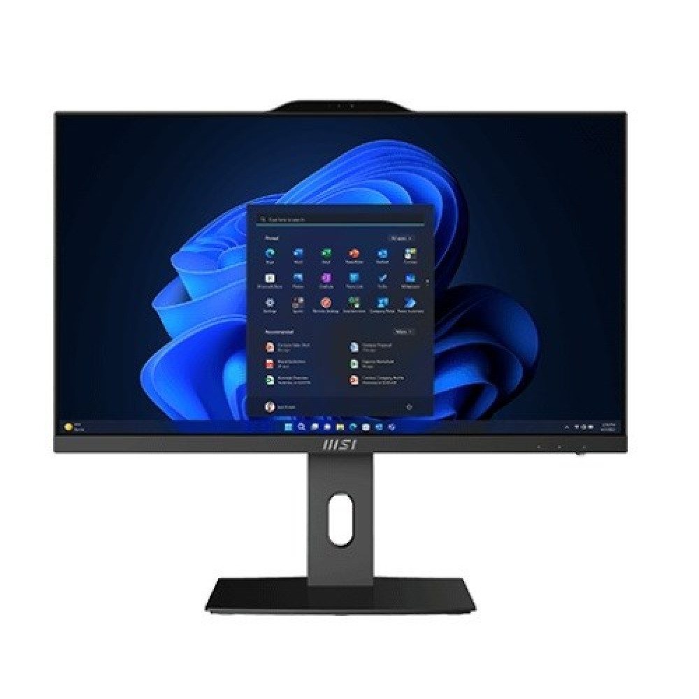 Monitor komputerowy MSI z systemem Windows 11, niebieską tapetą abstrakcyjną i otwartym menu aplikacji.
