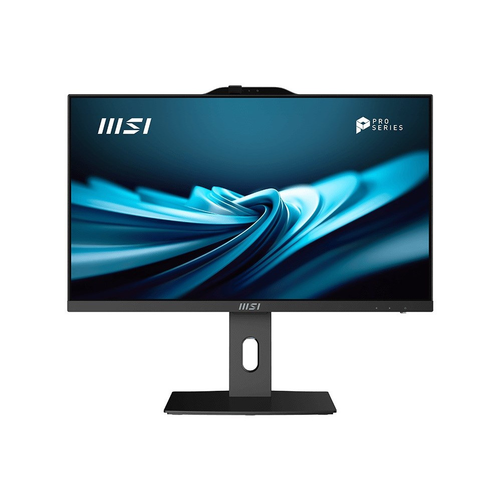 Monitor MSI Pro Series z eleganckim czarnym stojakiem i niebieską tapetą abstrakcyjną.