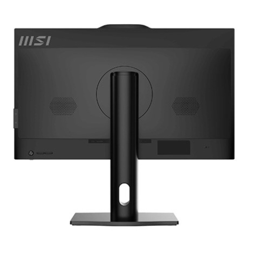 Tył czarnego komputera All-in-One MSI ze stojakiem. Posiada porty i otwory wentylacyjne.