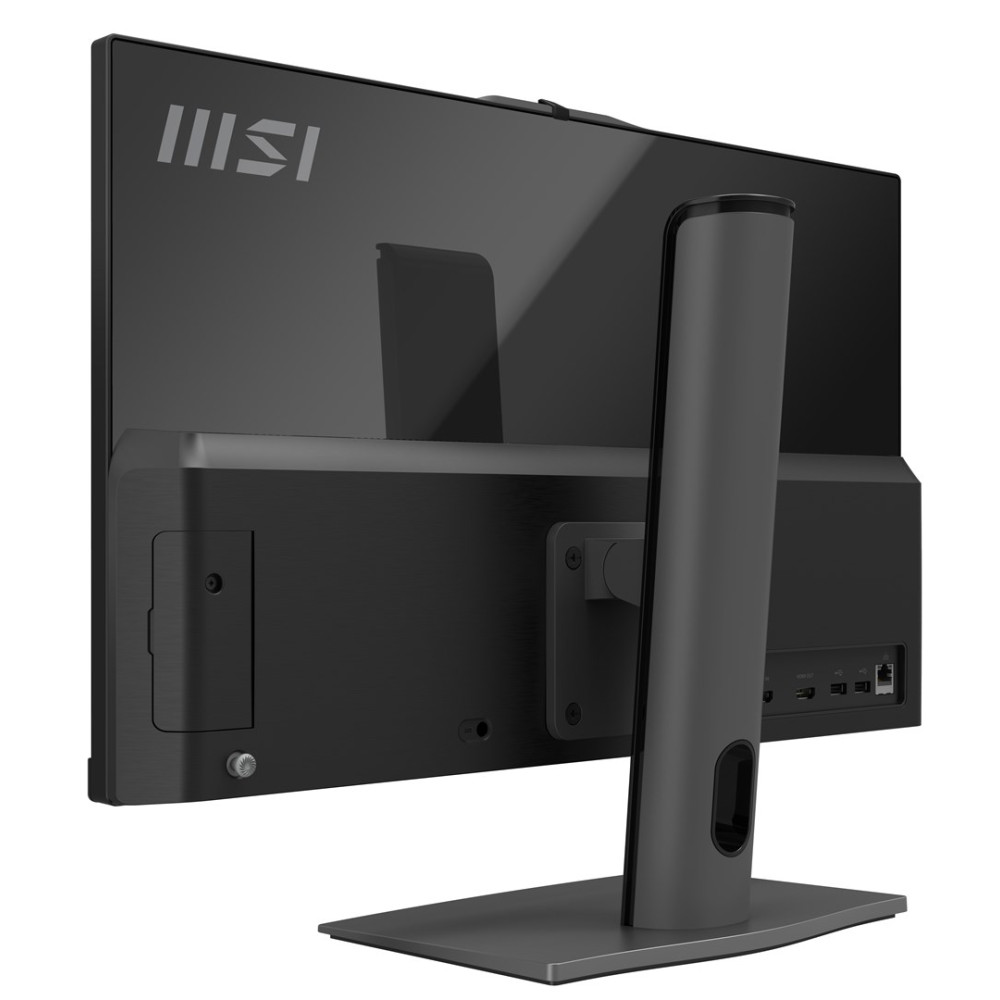 Tył czarnego monitora z szarą podstawą i logo MSI.