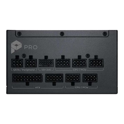 Czarny zasilacz z opisanymi portami: SATA/Peripheral, 12V-2x6, CPU/PCIe, ATX.