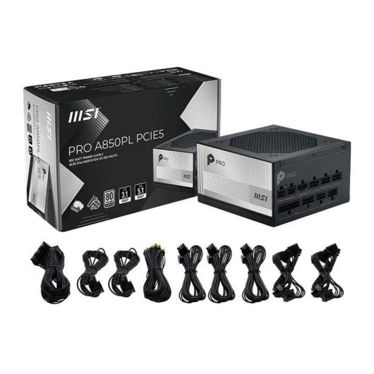 Zasilacz MSI PRO A850PL PCIE5 z kablami i pudełkiem.