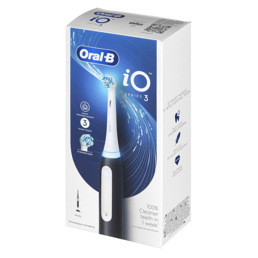 Confezione di uno spazzolino elettrico Oral-B iO Series 3 con effetti di luce blu.