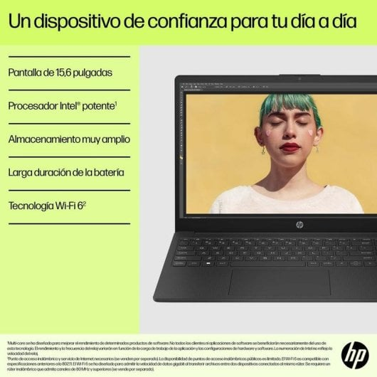 Un dispositivo confiable para el día a día. Portátil negro muestra retrato de mujer con pelo verde.