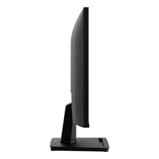 Monitor del computer nero visto di lato, su sfondo bianco.