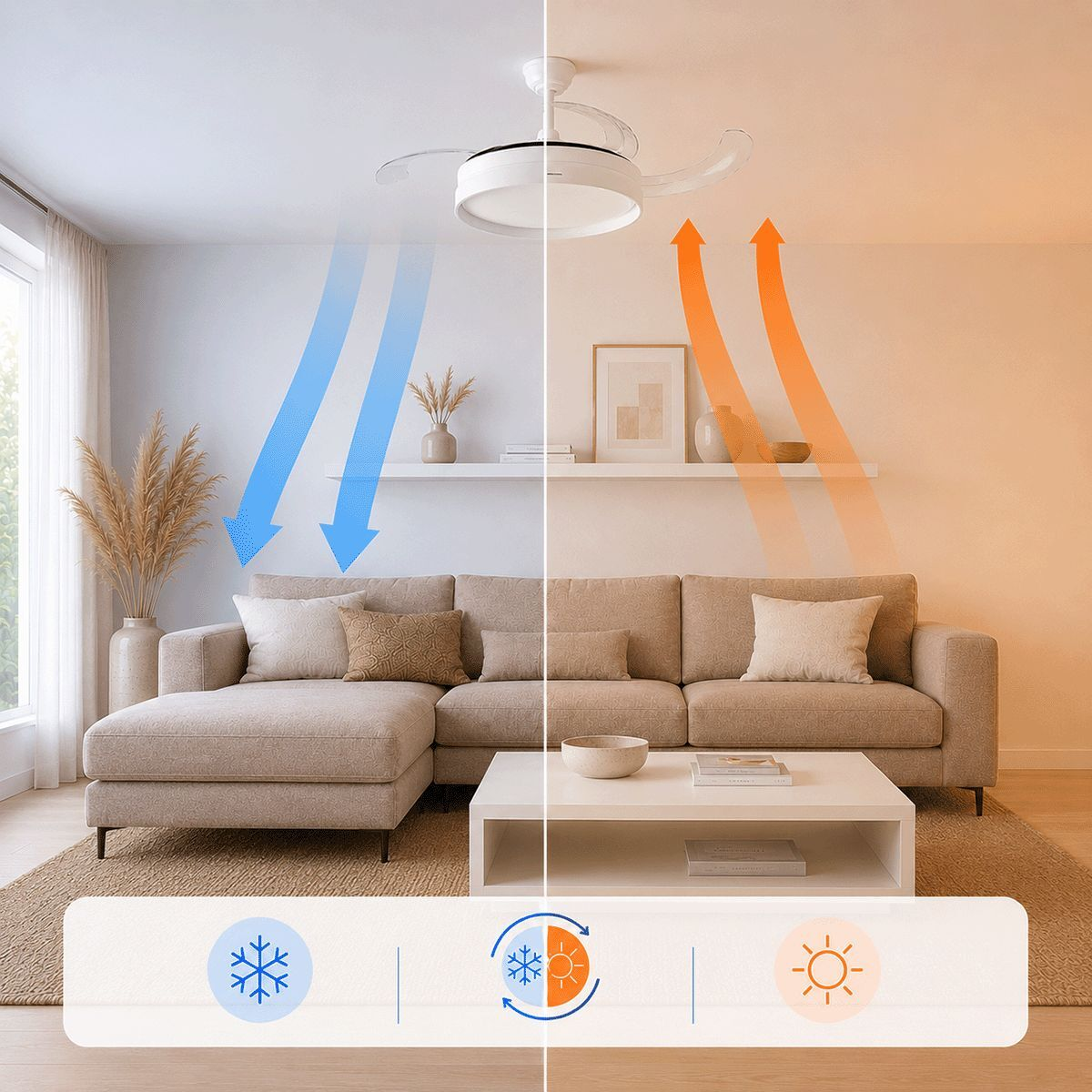 Deckenventilator mit Kühl- und Heizfunktion im Wohnzimmer.
