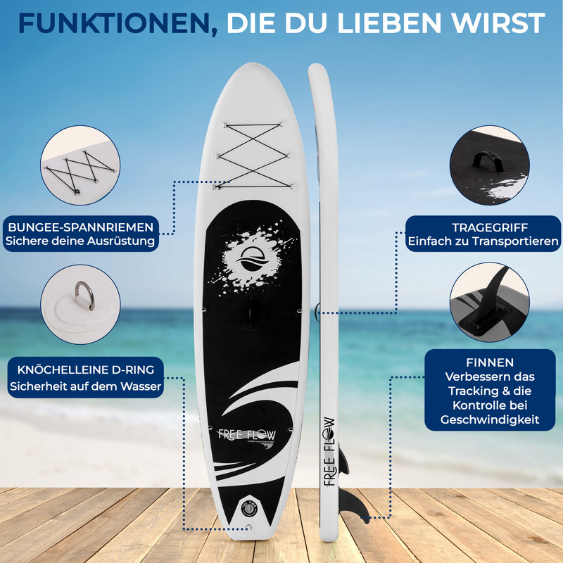 Ein aufblasbares Stand-Up-Paddleboard mit Bungee-Riemen, Tragegriff und Finnen.