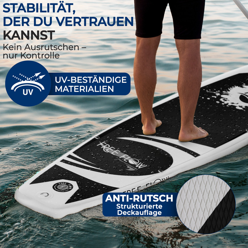 Ein Mann steht auf einem SUP-Board im Wasser. Es ist UV-beständig und hat eine Anti-Rutsch-Oberfläche.